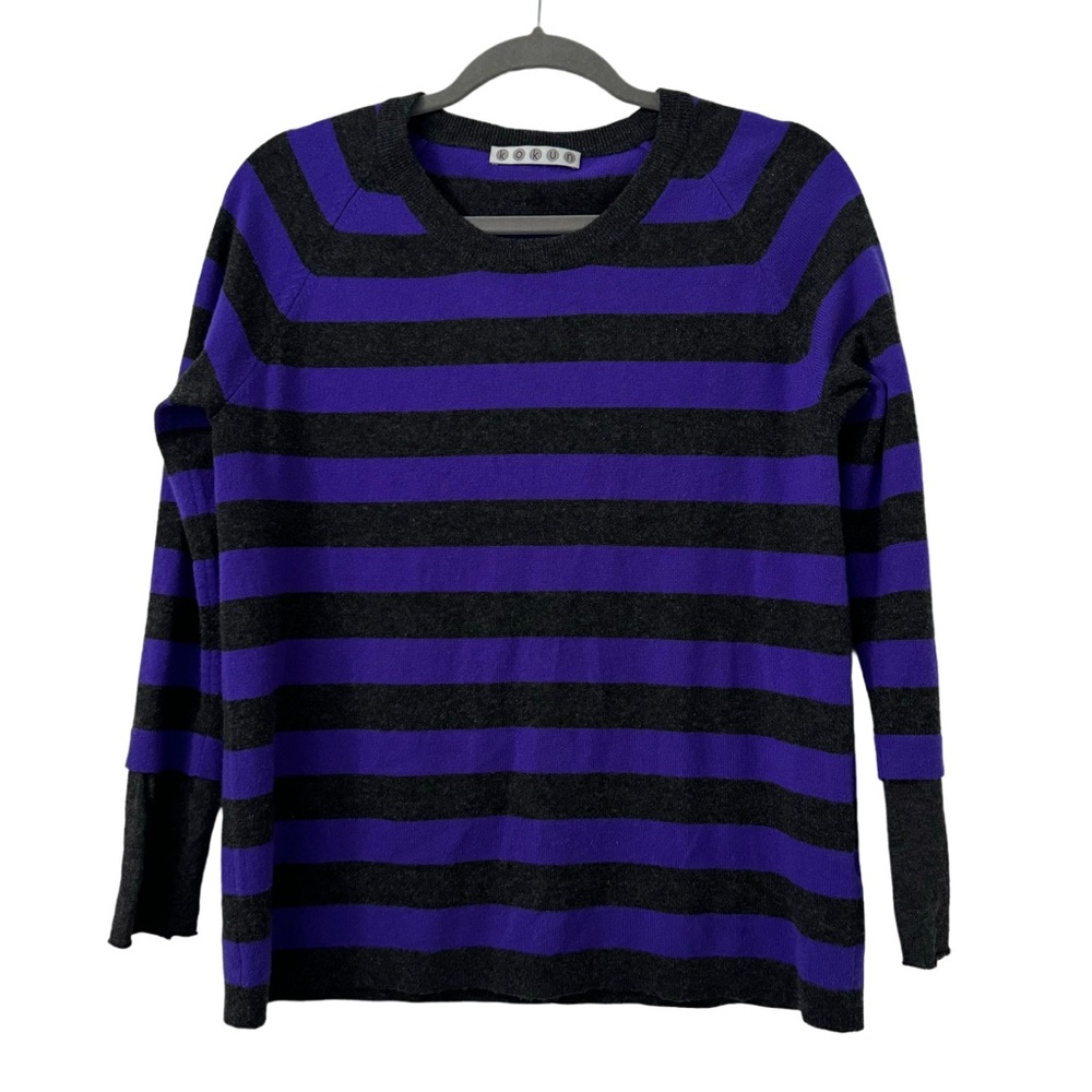 Kokun Striped Cashmere Crewneck Sweater Size M Purple Black Luxury Unique Modern